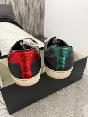 Gucci Black Leather Sneakers with Red & Green Metallic Heel Tabs